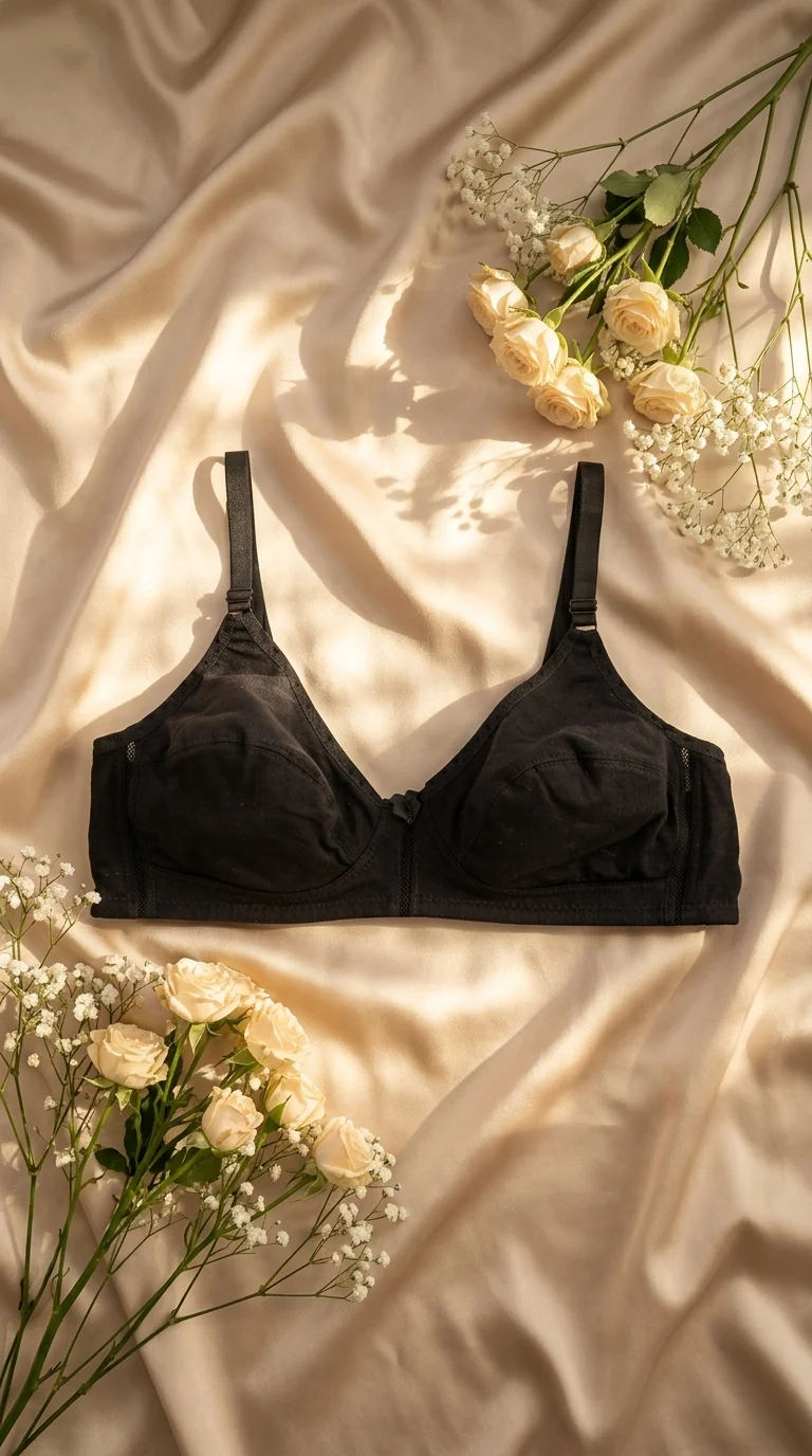 LB5050 Black Cotton Wire-Free Bra for Women on silk background with roses