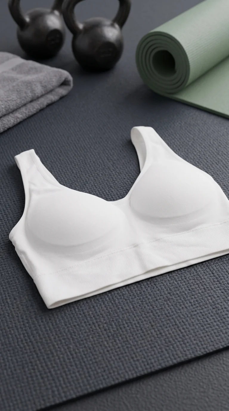 LG0031 White Padded Sports Bra for Ladies on gym mat with kettlebells