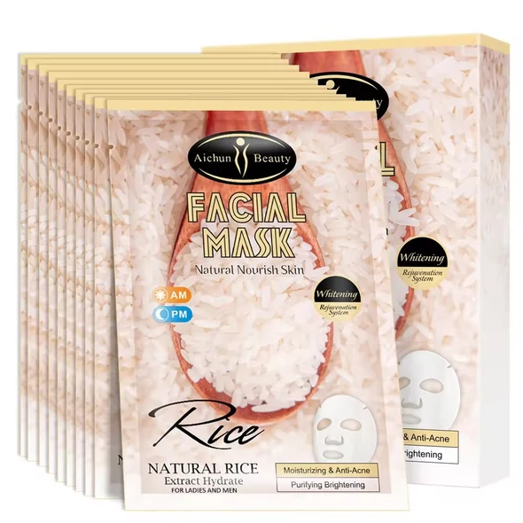 AICHUN BEAUTY Rice Facial Mask with model showing glowing skin results