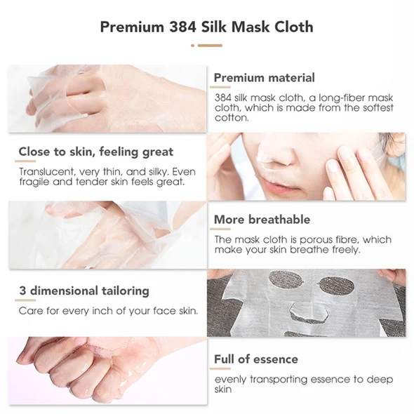 Premium 384 Silk Mask Cloth features - breathable, 3D tailoring, full of essence